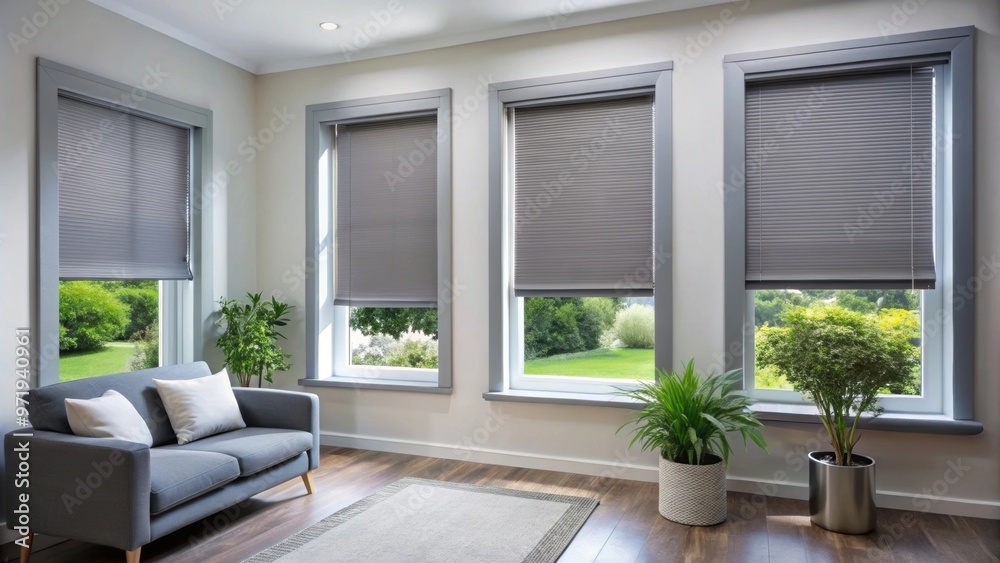 Fototapeta premium Gray blackout roller blind covering windows in modern living room with shutters on plastic window, stylish