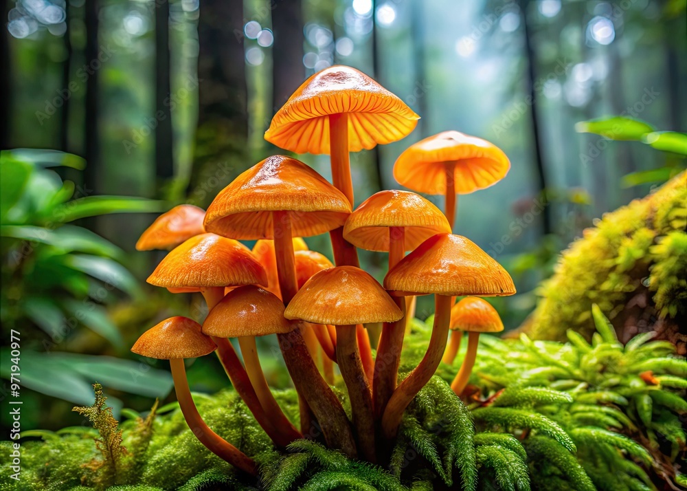 Φωτογραφία Vibrant orange Ecuadorian mushrooms with caps resembling tiny umbrellas grow amidst lush green foliage in the misty cloud forests of the Andes mountains