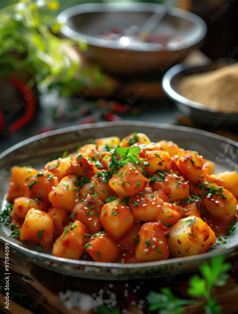 Close up photo of Patatas Bravas, a traditional Spanish tapas dish, garnished with fresh herbs Close up photo of Patatas Bravas, a traditional Spanish tapas dish, garnished with fresh herbs