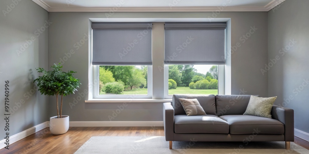 Gray blackout roller blind on windows in stylish modern living room with shutters on the plastic window, roller blind Gray blackout roller blind on windows in stylish modern living room with shutters on the plastic window, roller blind