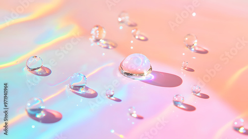 Tiny droplets of skincare essence water catching and refracting light, creating a spectrum of colors and shadows photo