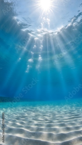 Undersea In Light Blue Sea With Sand - Water With Abstract Sunshine.