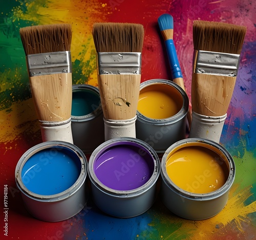 A colorful array of paintbrushes and paint pots on a vibrant backdrop. Ideal for artistic projects, this image captures creativity and the joy of painting with rich ... See More. ai generated ai geger photo