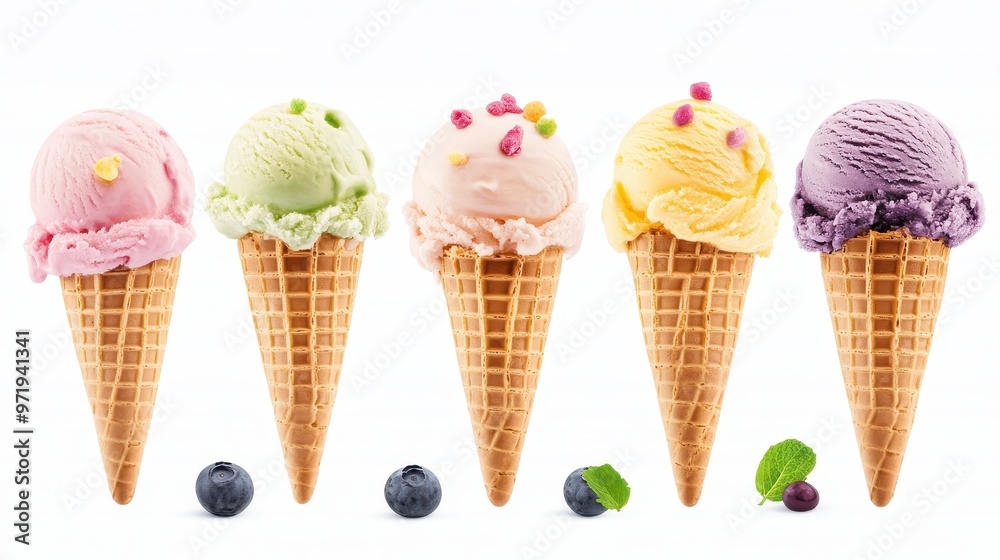 A row of ice cream cones with different flavors and toppings A row of ice cream cones with different flavors and toppings