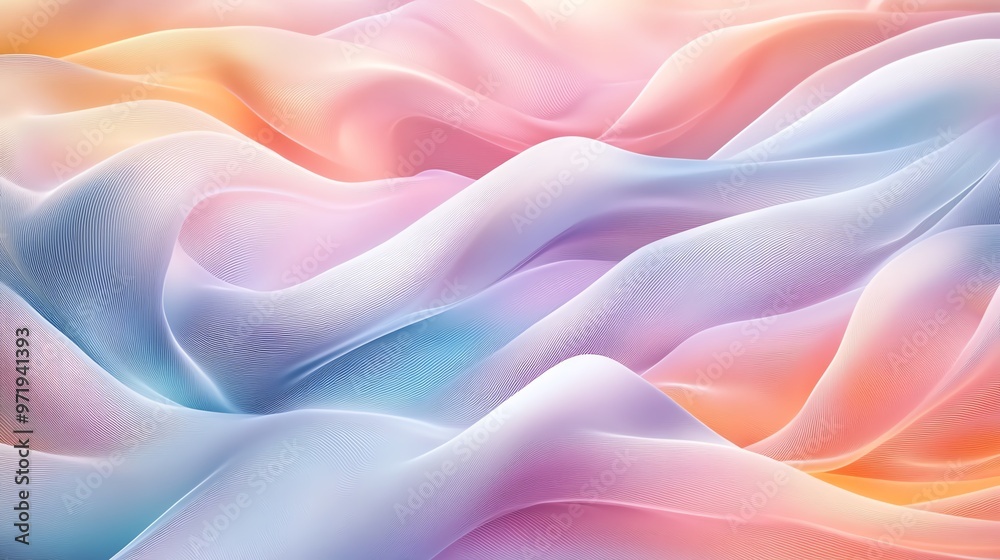Obraz premium Abstract rhythmic lines in pastel tones, soft waves creating a serene ambiance, calming rhythms background, minimalist abstract art for relaxation