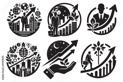 Business growth chart  silhouette vector illustrations