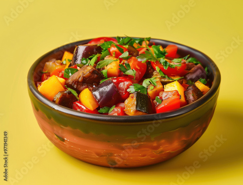 Bright and rustic Spanish pisto vegetable stew with eggplant and zucchini close up