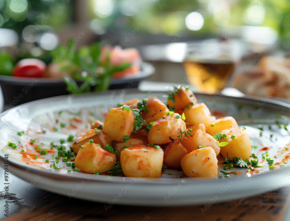 Close up of Expensive Patatas Bravas on Ceramic Plate in Luxurious Restaurant Close up of Expensive Patatas Bravas on Ceramic Plate in Luxurious Restaurant