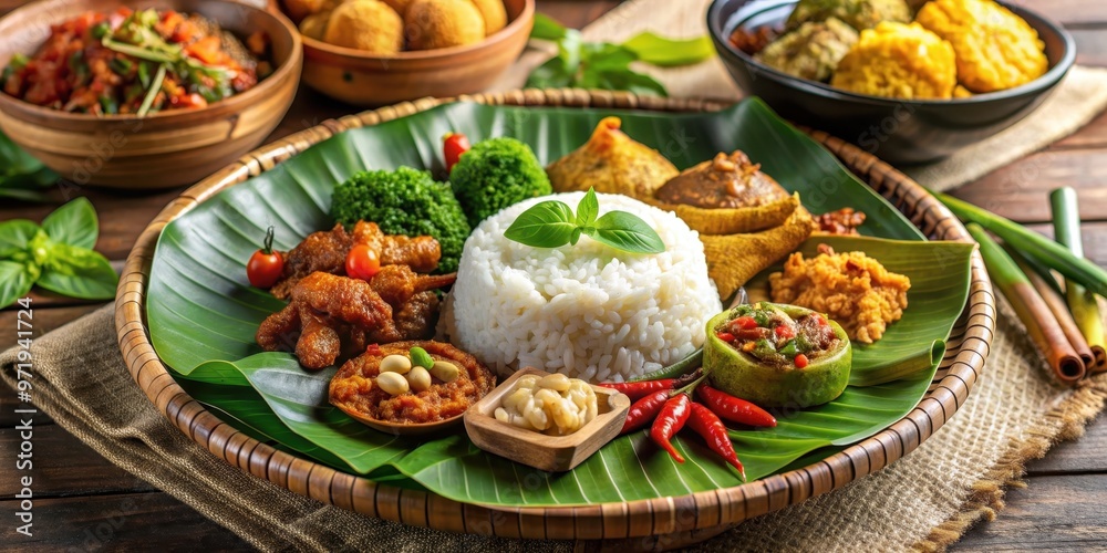 Traditional Indonesian Nasi Padang dish with an assortment of dishes served on a bed of rice, Indonesian, Nasi Padang, traditional Traditional Indonesian Nasi Padang dish with an assortment of dishes served on a bed of rice, Indonesian, Nasi Padang, traditional