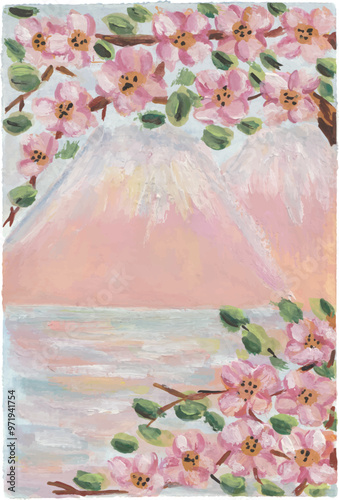 sakura cherry blossom and mountain watercolour illustration