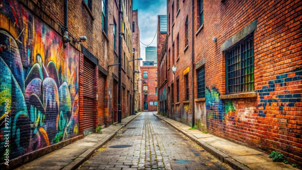 Fototapeta premium Brick street with graffiti , urban, sidewalk, street art, spray paint, cityscape, graffiti wall
