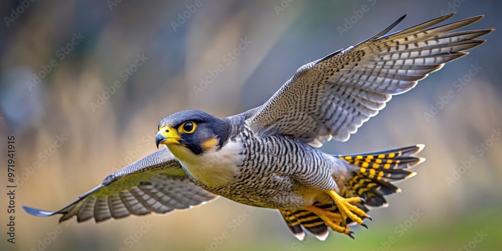 Fototapeta premium Closeup view of a peregrine falcon in mid-flight, Peregrine falcon, bird of prey, wildlife, feathers, wings, flying, predator