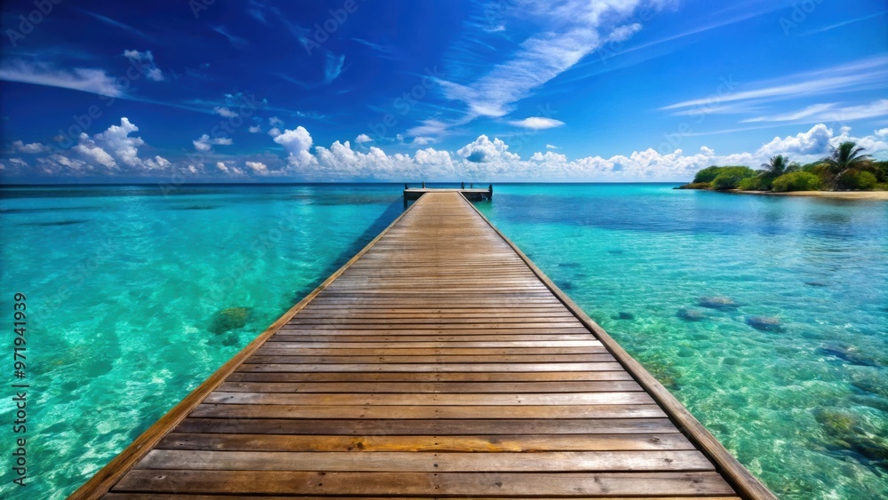 Obraz premium Wooden dock jetty pier on tropical blue ocean summer sky background, tropical, wooden, dock, jetty, pier, ocean, summer