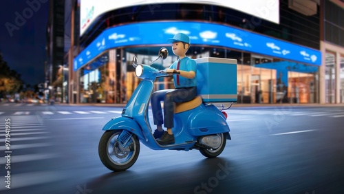 A delivery man speeding on a blue bike scooter at night on a city street