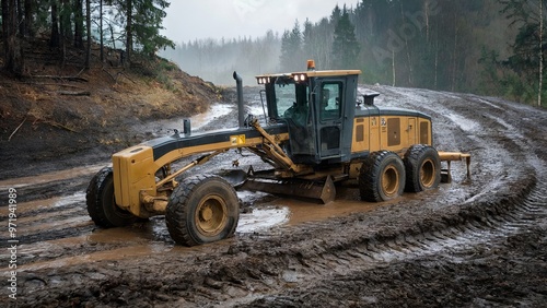 A grader parked on a muddy hillside after a heavy rain. The grader is partially submerged in the mud