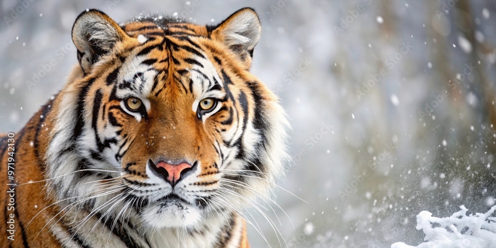Obraz premium Close-up of a tiger's face blending into the snowy winter landscape, tiger, face, snow, winter, close-up, predator, wildlife