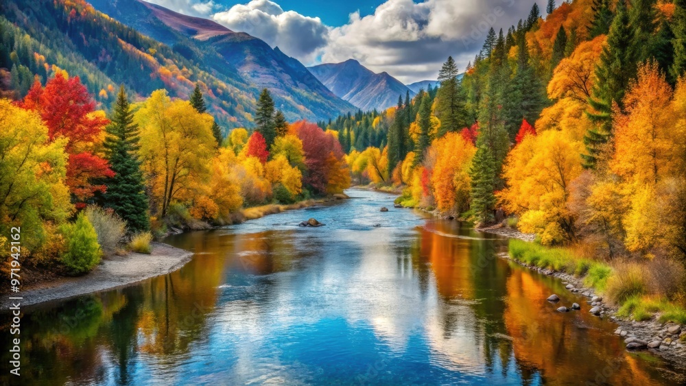Scenic view of colorful trees lining a tranquil river in the mountains during autumn, Autumn, foliage, trees, forest Scenic view of colorful trees lining a tranquil river in the mountains during autumn, Autumn, foliage, trees, forest