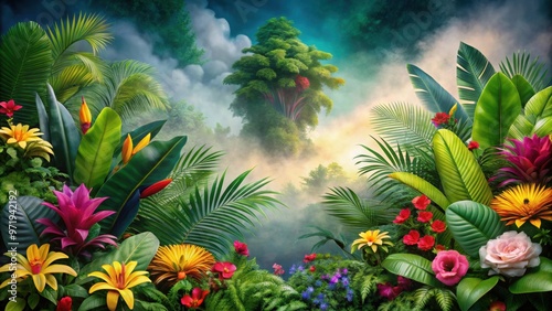Lush tropical foliage and vibrant flowers on a misty background , tropical, foliage, vibrant, flowers, misty, background