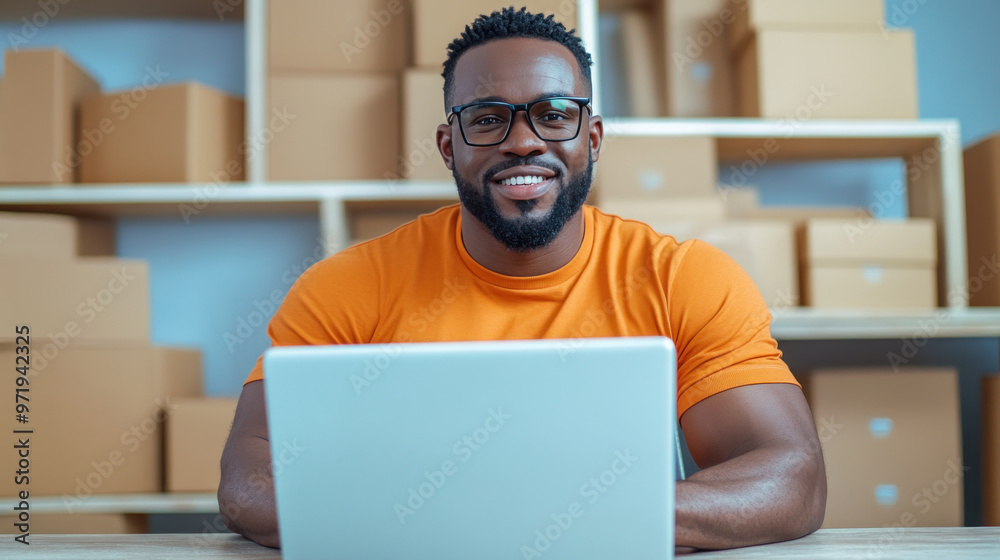 Smiling young man working on laptop in business setting with boxes in background.. Smiling young man working on laptop in business setting with boxes in background..