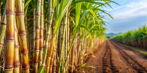 Close up of sugarcane with a plantation in the background, sugarcane, close up, plantation, agriculture, farm, field, rural, growth