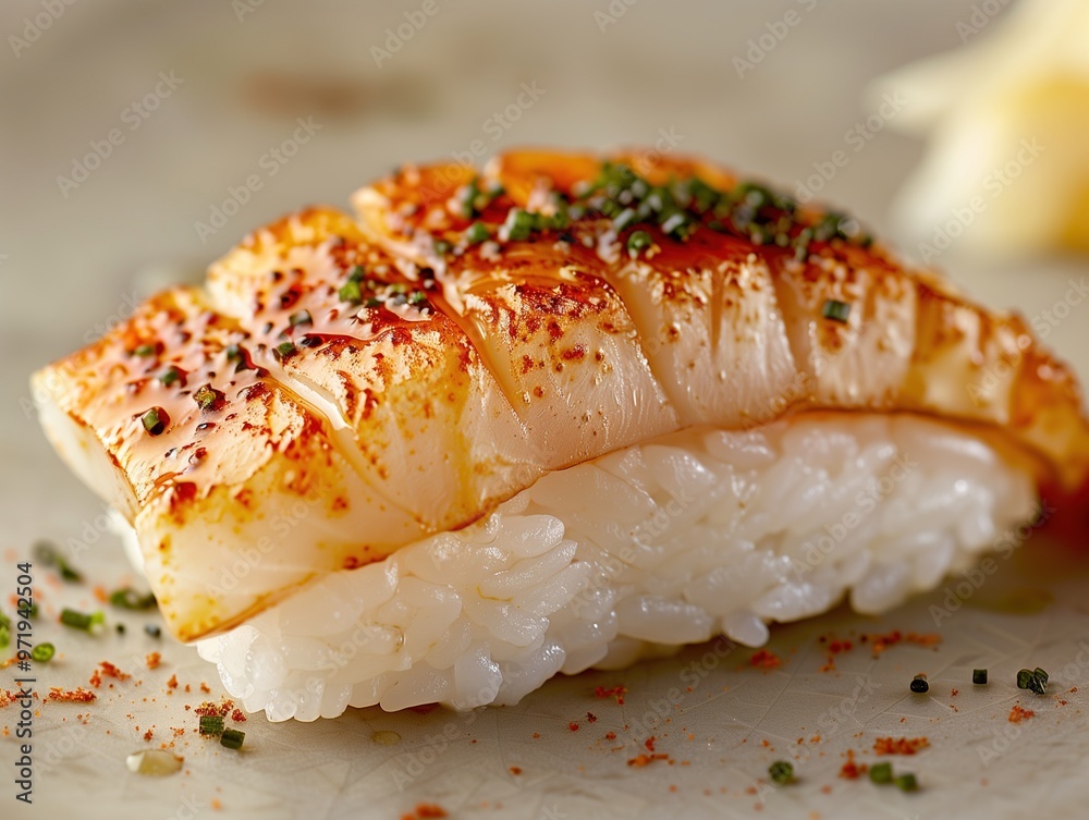 Seared Hotate nigiri sushi on rice, served on a ceramic plate, elegant Japanese cuisine Seared Hotate nigiri sushi on rice, served on a ceramic plate, elegant Japanese cuisine