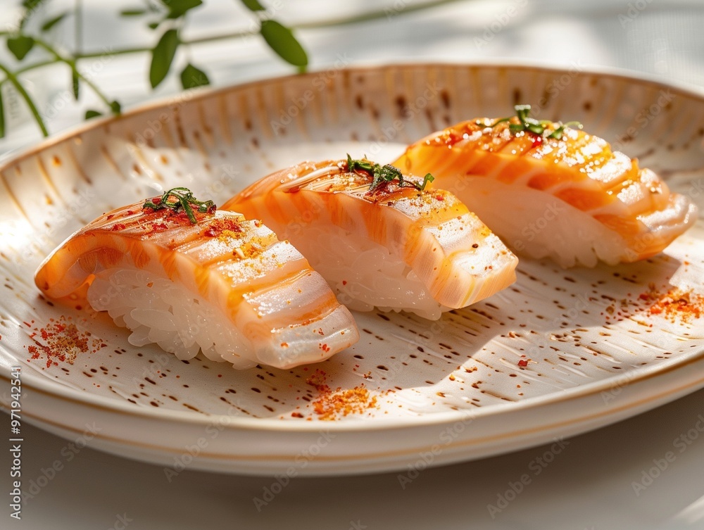 Surf clam Nigiri, Hokkigai sushi on rice, classic Japanese sushi on ceramic plate, close up photo with beige background Surf clam Nigiri, Hokkigai sushi on rice, classic Japanese sushi on ceramic plate, close up photo with beige background
