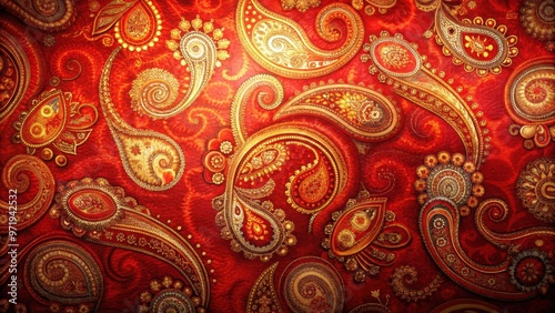 Bright red paisley pattern on abstract blurred fabric background, textured, vibrant, colorful, design, decorative, paisley