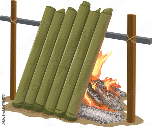 Lemang is a popular dish in Southeast Asian countries such as Indonesia, Malaysia, Singapore, and Brunei. Digital illustration vector clipart.