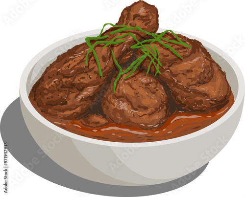 Chicken Rendang is a popular dish in Southeast Asian countries such as Indonesia, Malaysia, Singapore, and Brunei. Digital illustration vector clipart.