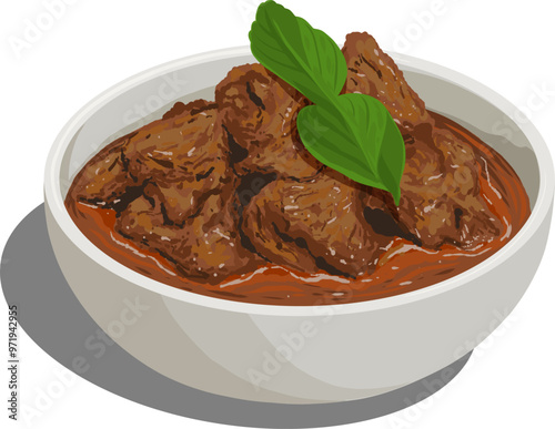 Beef Rendang is a popular dish in Southeast Asian countries such as Indonesia, Malaysia, Singapore, and Brunei. Digital illustration vector clipart