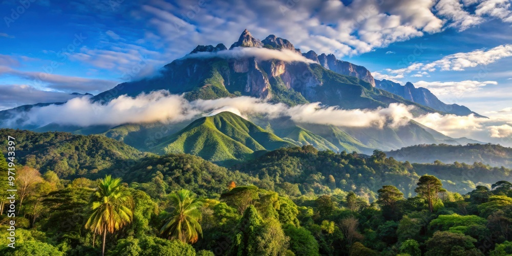 Obraz premium Majestic Mount Kinabalu towering over lush tropical rainforest , Borneo, Malaysia, Southeast Asia