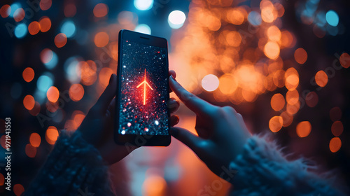 A Person Holding a Phone with a Red Arrow on the Screen, Blurry Lights in the Background