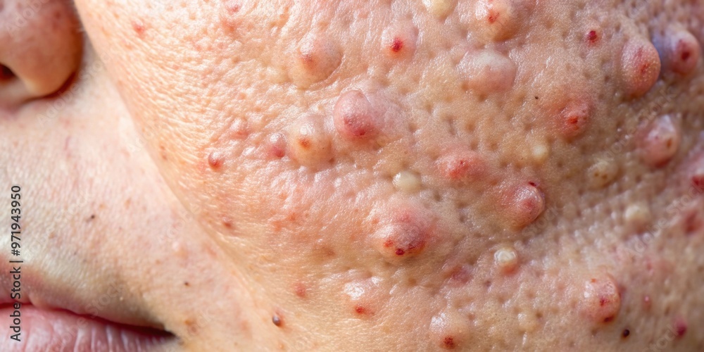 Fototapeta premium Macro close-up of skin with enlarged pores, showing signs of allergic reaction and peeling