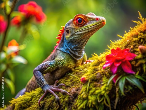 Vibrant red-eyed lizard perches on a moss-covered tree branch, its scaly skin glistening in dappled forest light, surrounded by lush green foliage and exotic flowers.