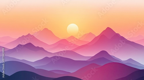 A Silhouette of Mountains at Sunset with a Soft Gradient of Purple, Pink, and Yellow Hues