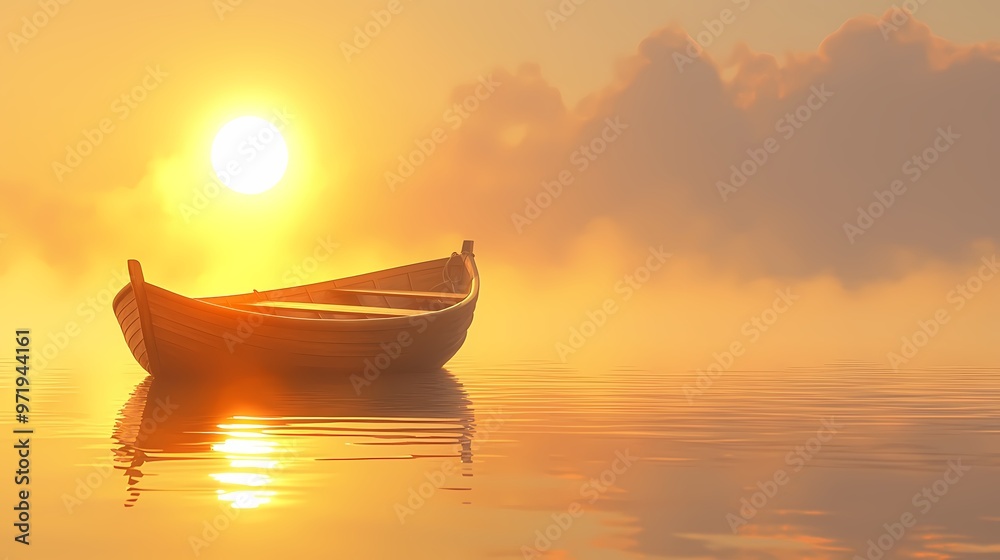 Serene wooden boat at sunrise, reflecting warm golden hues on calm waters. Serene wooden boat at sunrise, reflecting warm golden hues on calm waters.