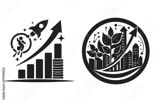 Business growth chart  silhouette vector illustrations