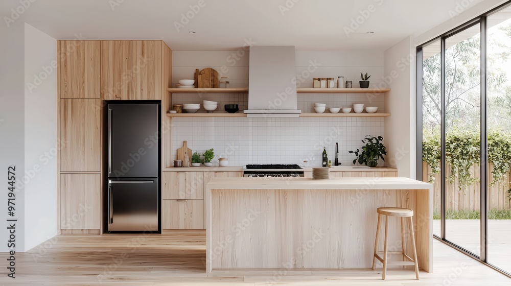 Fototapeta premium Modern Minimalist Kitchen with Wooden Cabinets and Large Windows Overlooking a Garden