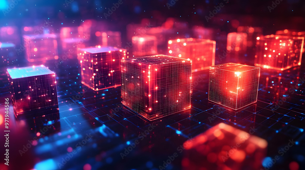 Abstract Neon Cubes Glowing Brightly on a Circuit Board with Glittering Lights in a Dark Background