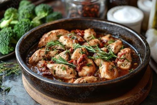 A bowl of chicken with broccoli and tomatoes