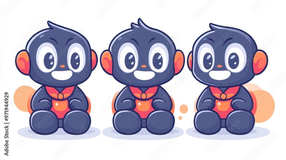 Fototapeta premium Three cute cartoon characters with cheerful expressions and colorful outfits.