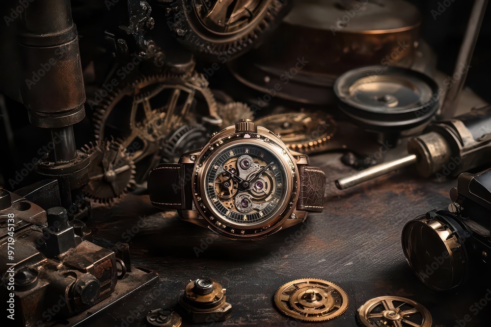 Steampunkinspired tourbillon watch with brass and copper tones, surrounded by cogs, gears, and antique machinery in a vintage industrial setting Steampunkinspired tourbillon watch with brass and copper tones, surrounded by cogs, gears, and antique machinery in a vintage industrial setting