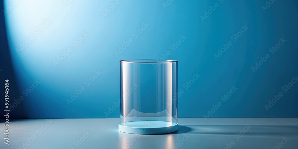 Geometric glass cylinder shape background in blue studio room for podium display or showcase, minimalist mockup rendering Geometric glass cylinder shape background in blue studio room for podium display or showcase, minimalist mockup rendering