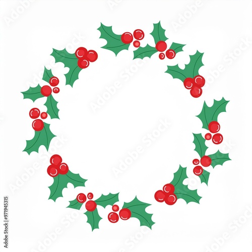 chirstmas round frame holy leaves and berries isolated on white