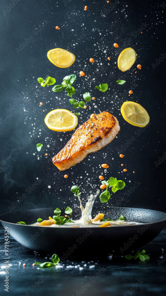 A stunning artistic image of Chilean sea bass fillets levitating above pan, surrounded by fresh herbs, lemon slices, and splashes of water, creating dynamic and appetizing scene A stunning artistic image of Chilean sea bass fillets levitating above pan, surrounded by fresh herbs, lemon slices, and splashes of water, creating dynamic and appetizing scene
