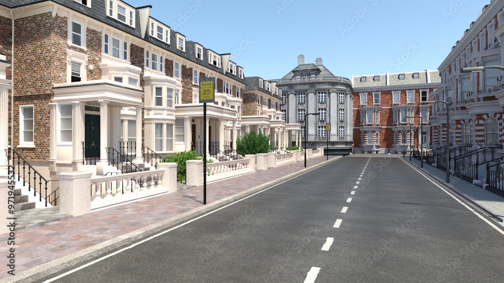 Fototapeta premium オンラインミーティング用背景 テレビ会議背景用 ZOOM会議背景用 CG 街頭 道路 歩道 街並み ロンドン ニューヨーク background cityscape