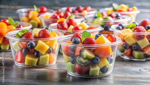 Fresh prepackaged fruit salads in clear plastic containers , healthy, colorful, vibrant, delicious, convenient, refreshing photo