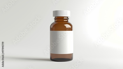 Brown glass bottle with a white label, isolated on a light background.