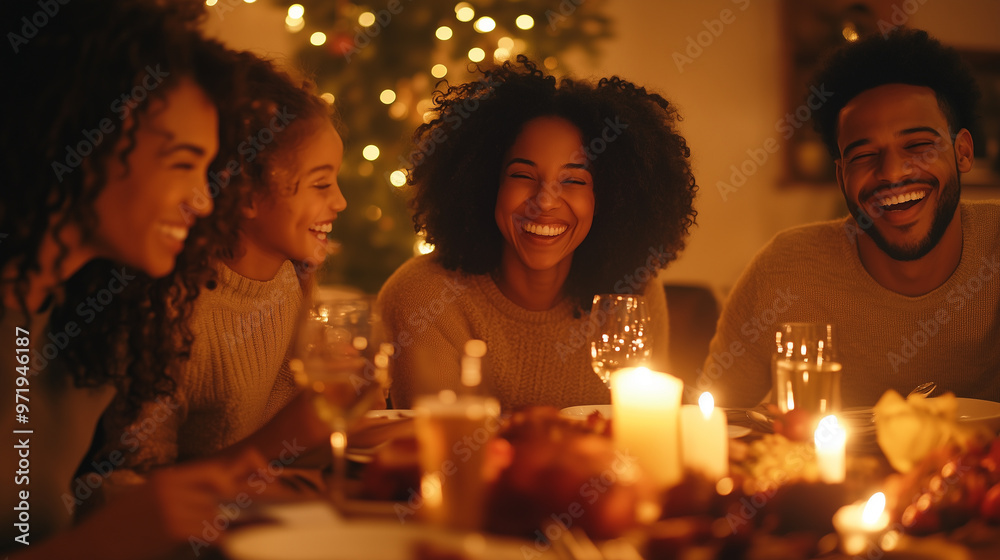 african american family laughing around dinner table in cozy home african american family laughing around dinner table in cozy home