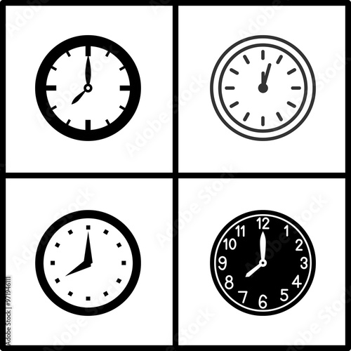 four black and white clock elements